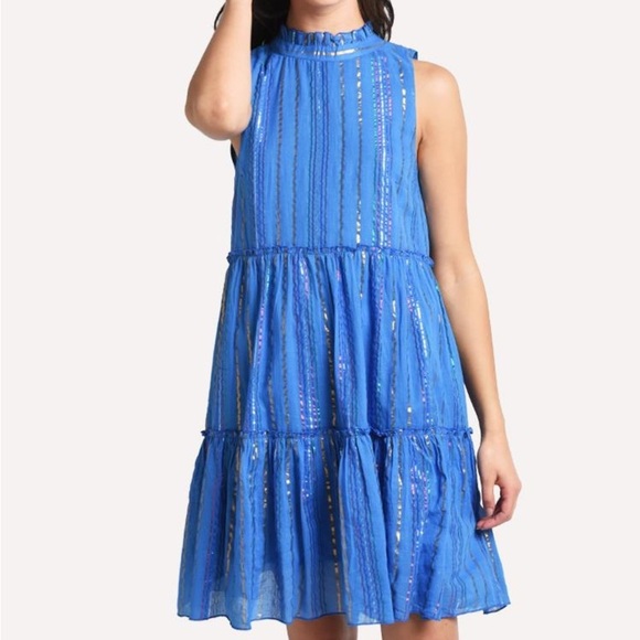 OLIPHANT Ruffle Collar Short Dress Sleeveless Blue Sparkle - Picture 1 of 5